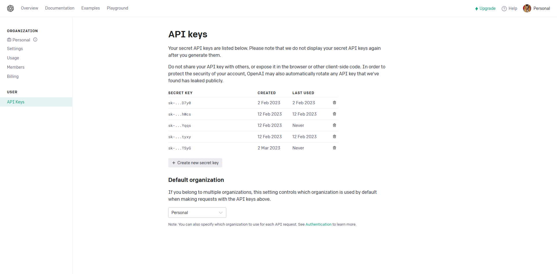 Giao diện trang quản trị API Key của OpenAI
